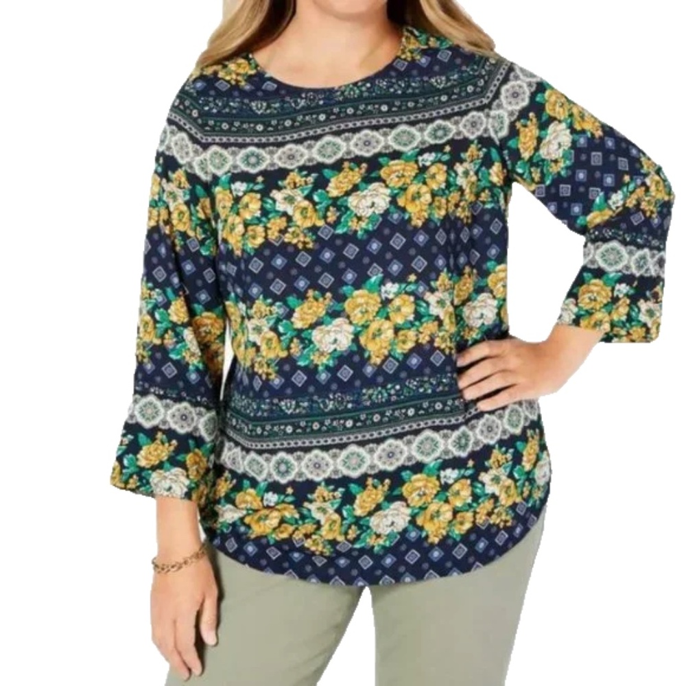 (NWT) Charter Club Women's Blue/Yellow Floral/Medallion Blouse Plus Size 0X
